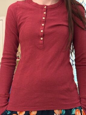 Waffle-Knit Henley Long-Sleeve Top in Raspberry
